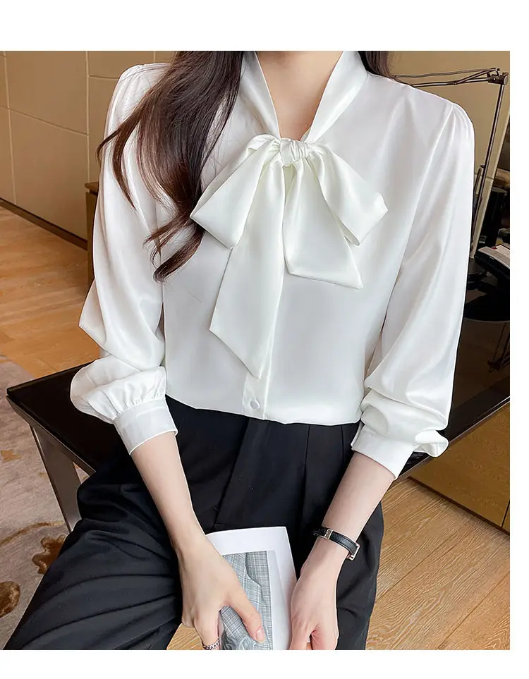 Korean Lacing Loose Solid Blouse Spring Autumn New Chiffon Long Sleeve All-match Elegant Shirt Tops Fashion Office Women Clothes