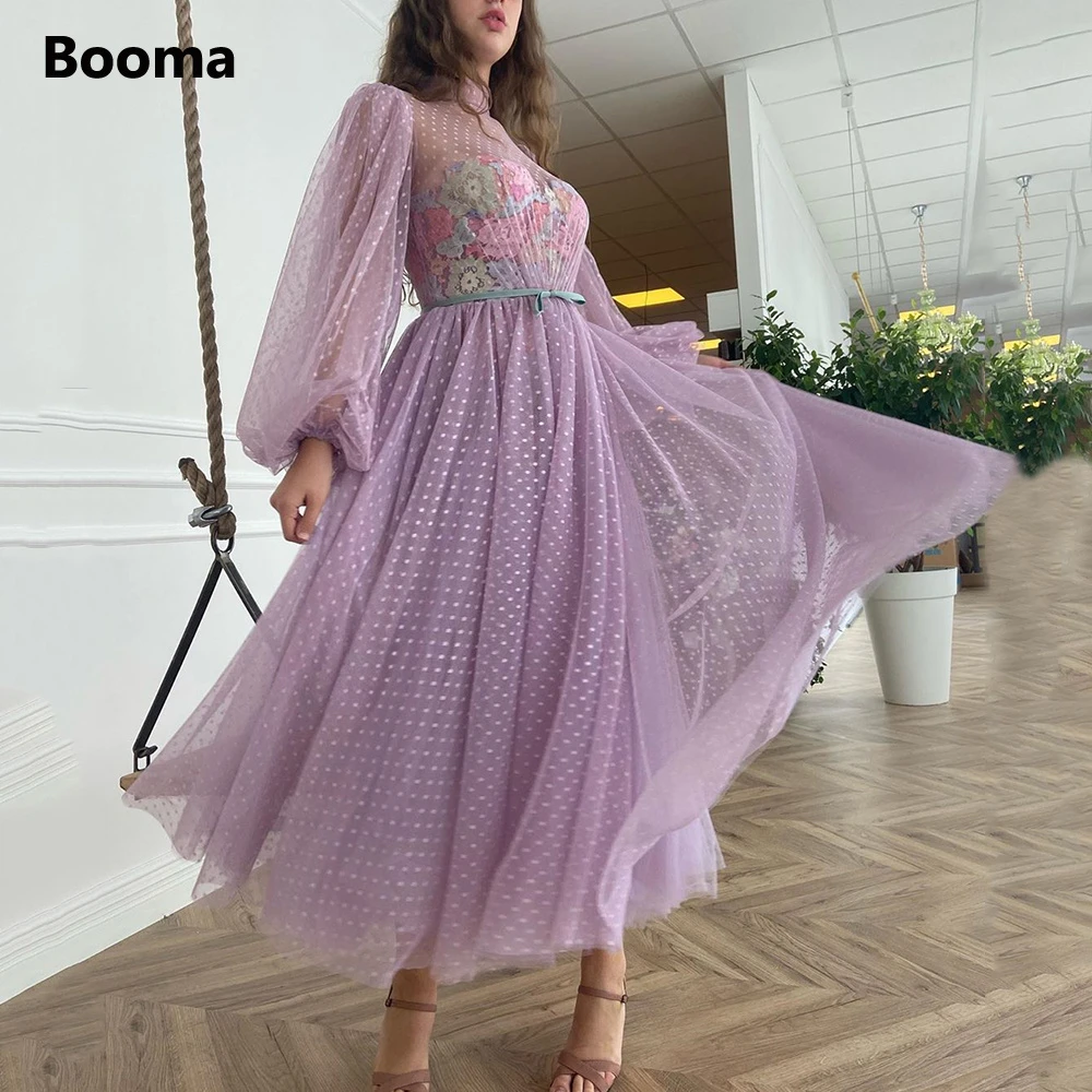 Lavanda Vestidos de Fiesta cuello manga larga, lunares, tul, largo hasta el té, apliques de colores, vestido Formal de fiesta|Vestidos de graduación| - AliExpress
