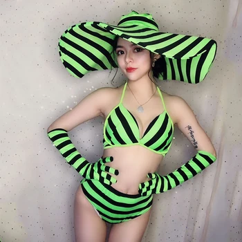 Fluorescent Bikini Big Hat Zebra Print Set Nightclub Gogo Party Dress Rave DS Women Singer Stage Costume European Clothing