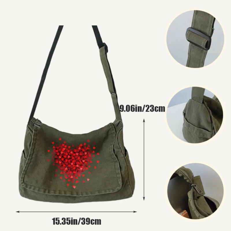 Vintage Women's Shoulder Bag Heart Print Canvas Large Capacity Crossbody Bag Daily Use Messenger Bag