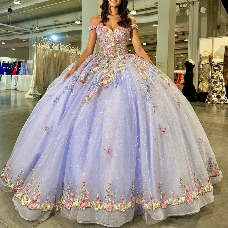 

Lavender Shiny Quinceanera Dresses Ball Gown Off Shoulder Applique Flowers Puffy Sweet 16 Dress Celebrity Party Gowns Graduation