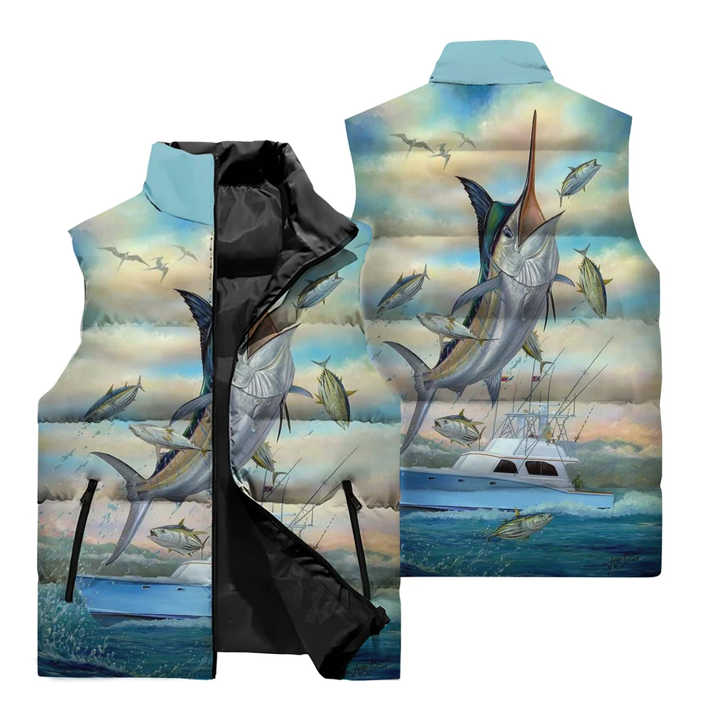 thumbnail image 2 of Chaleco sin mangas con estampado de pesca en 3D para deportes al aire libre, pesca salvaje, resistente al viento, cálido, con cuello alto y cremallera, ropa para hombre, 2 of 5