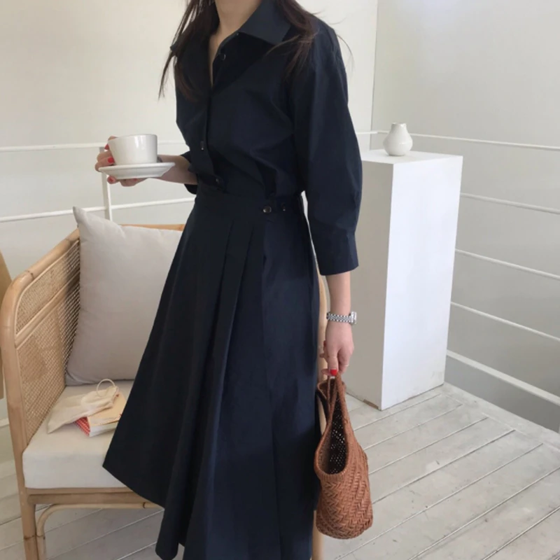Autumn Women Korean Tum-Down Dress Fashion Casual Slim Long Sleeve Dresses Ladies Harajuku Solid Buttons Shirt Vestidos Female