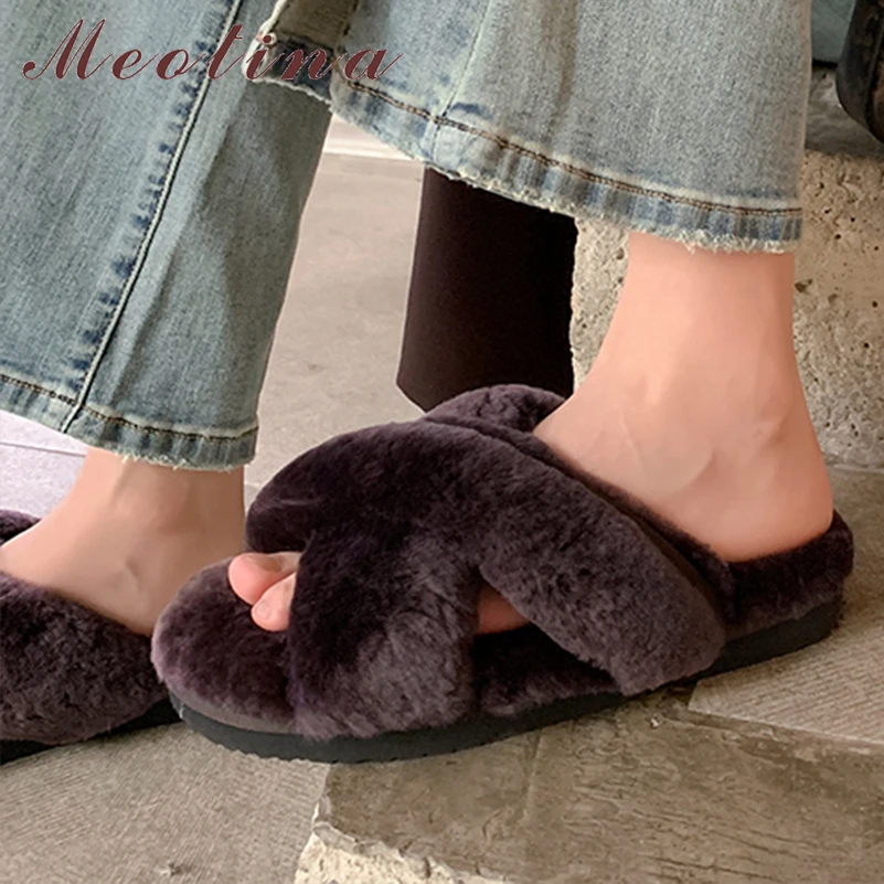 

Женские шлепанцы из натуральной кожи Meotina, зимние сандалии с круглым носком, на плоской платформе и низком каблуке, шерстяные босоножки, повседневная обувь