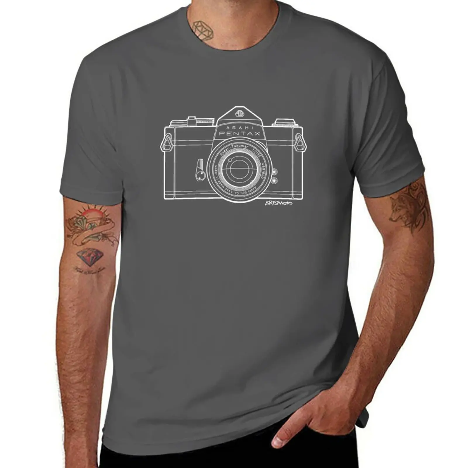 Asahi Pentax 35Mm Analog Slr Camera Line Art Graphic White Outline T-Shirt Blanks Ad Asciugatura Rapida Magliette Grafiche Da Uomo Divertenti