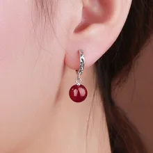 

Natural Red Ruby Agate Car Flower Drop Earrings 925 Silver Sterling Natural Chalcedony Orecchini Female Retro National Style