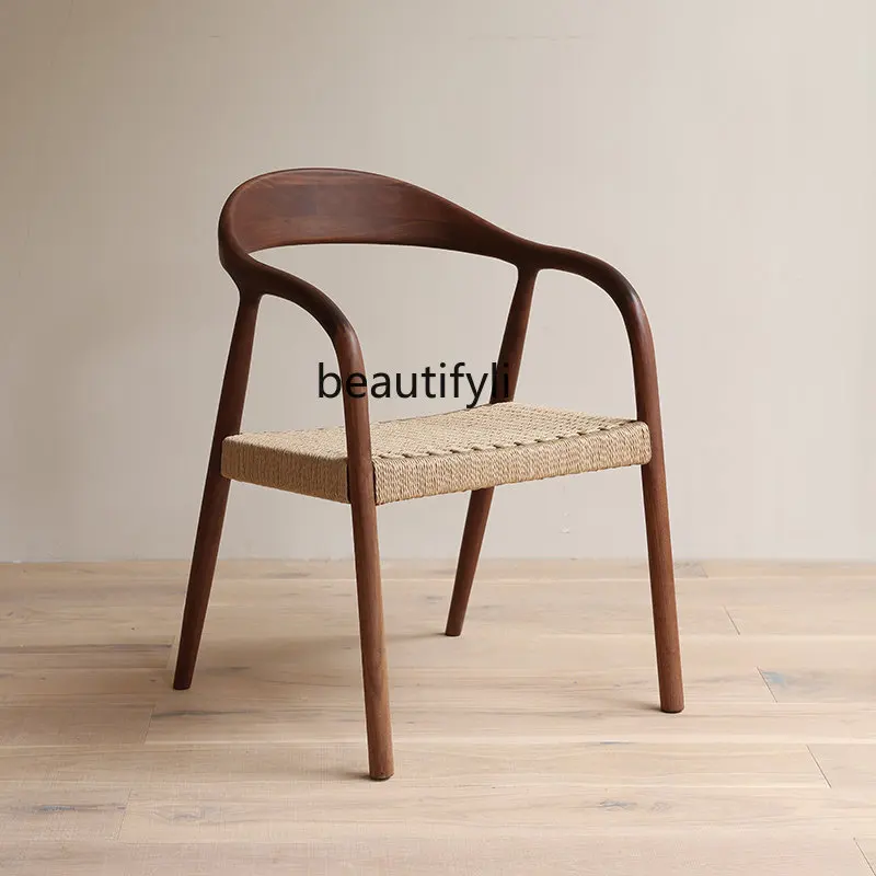 

Black Walnut Wooden Dining Chair Kraft Rattan Armrest Chair Japanese Style Dining Table Desk Chair