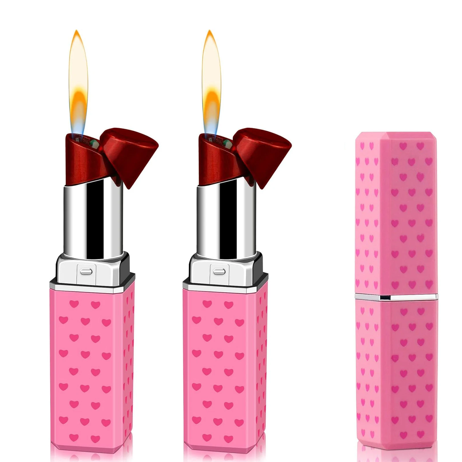 Butane Gas Lighter Cigarette Lighter 2 Pack Cute Lipstick Soft Flame Refillable Girls Women