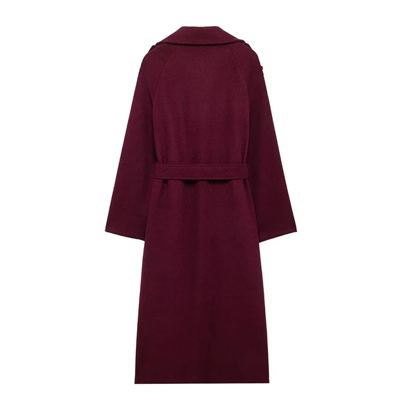 Fashion Burgundy Red Double Breasted Overcoat Women Lace Up Loose Lapel Pockets Long Sleeve Coat New High Street Outerwear