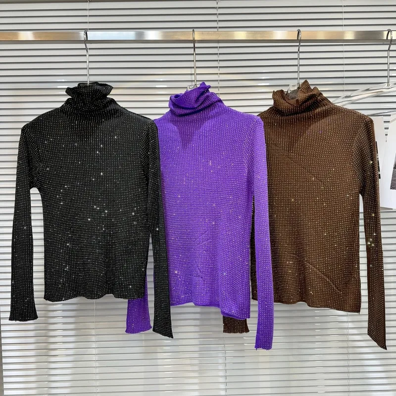 

2024 Winter New Collection Turtleneck Rhinestone Diamonds Long Sleeve Stretch T Shirt Women GM206