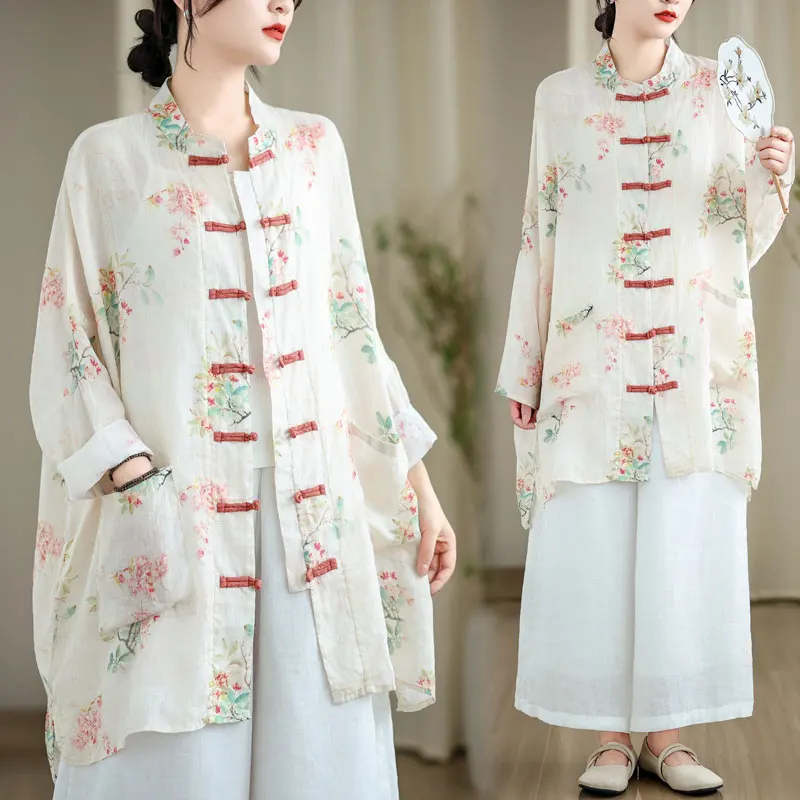 Chinese Style Printed Top Women Loose Large Size Sun-protective Clothing Vintage Mid-length Shirt Coat Traditional Costume