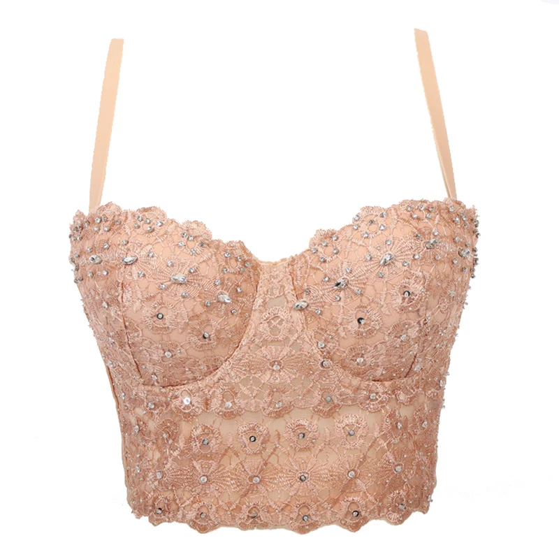 

Atoshare Rhinestone Glitter Top with Straps Lace Corset Top Bustier Bra Women Summer Tank Pink Crop Top Party Club Clothing