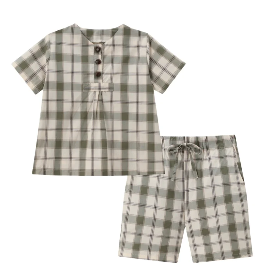 Summer Green Grid & Pink Floral Collection Family Matching 100% Cotton Clothing Set