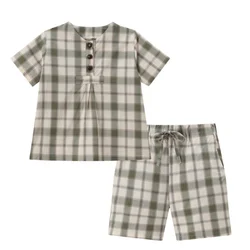 Summer Green Grid & Pink Floral Collection Family Matching 100% Cotton Clothing Set - 12y (Boys Sets)