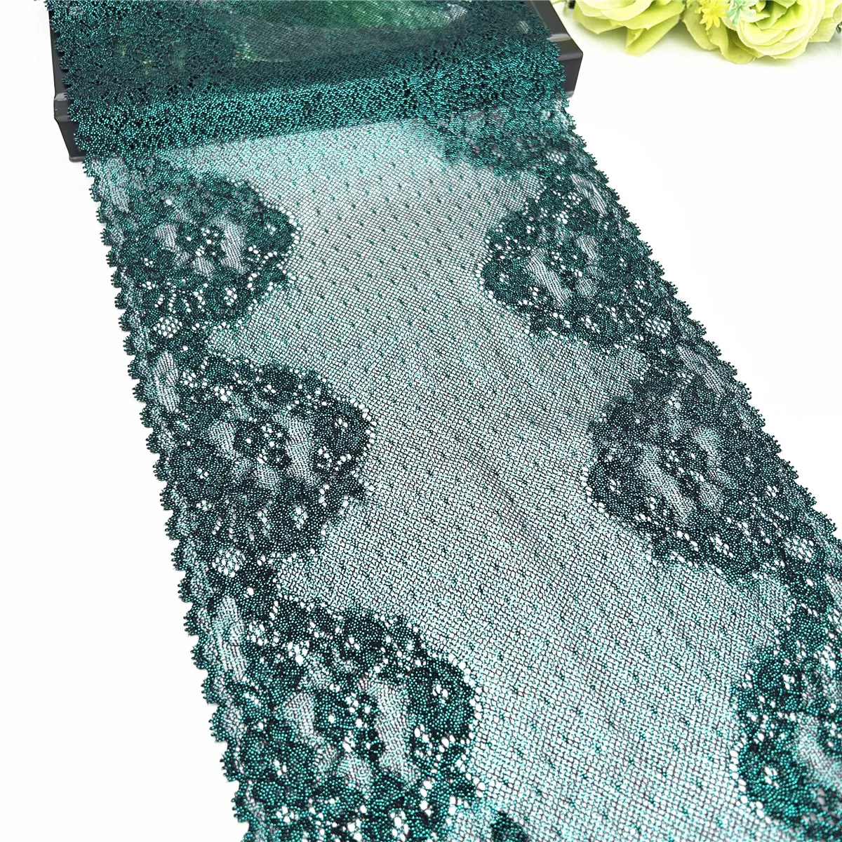 3y/lot Width 23cm Dark Green Shimmer Elastic Stretch Lace Trims 3