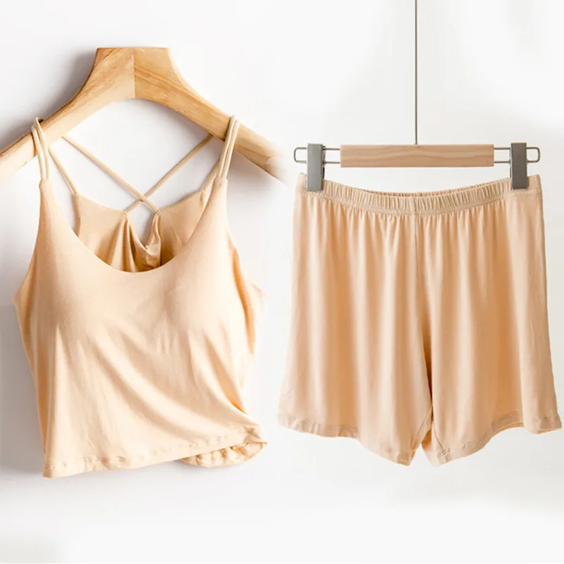 Sexy Bra Sling T-Shirt Shorts Set New Modal Comfortable Nightwear Chest Pad Pajamas For Women Conjuntos De Pijama Home Suit