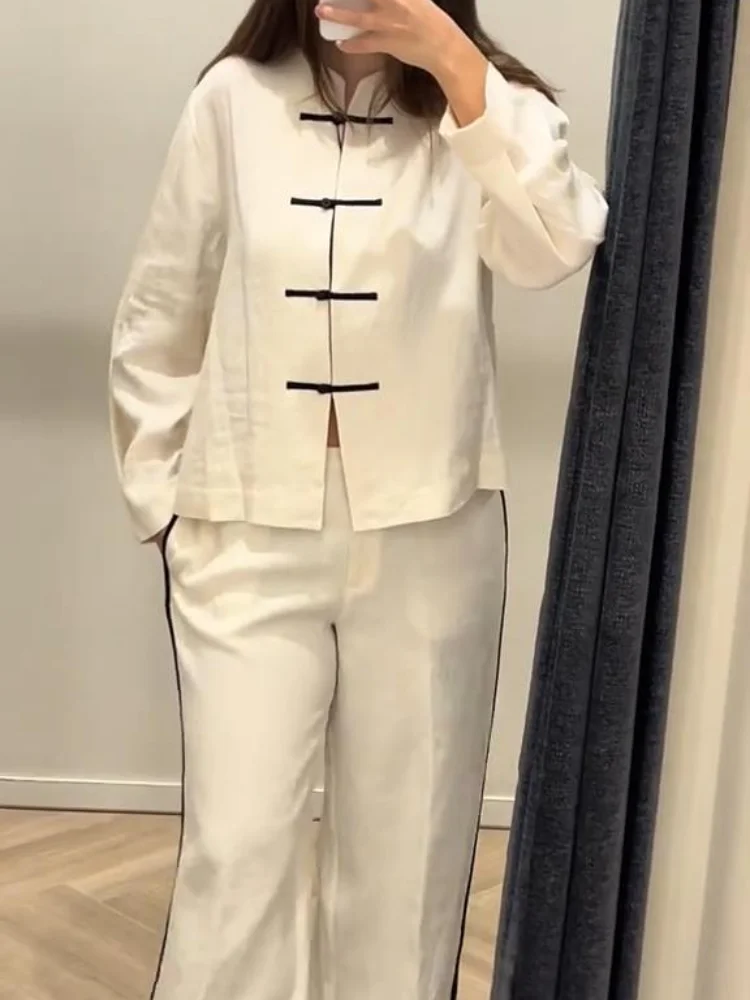 Conjunto Feminino de Calças de Linho Vintage com Blusa de Botões e Calças de Perna Larga - Roupa Casual Elegante para Escritório Primavera Verão 6