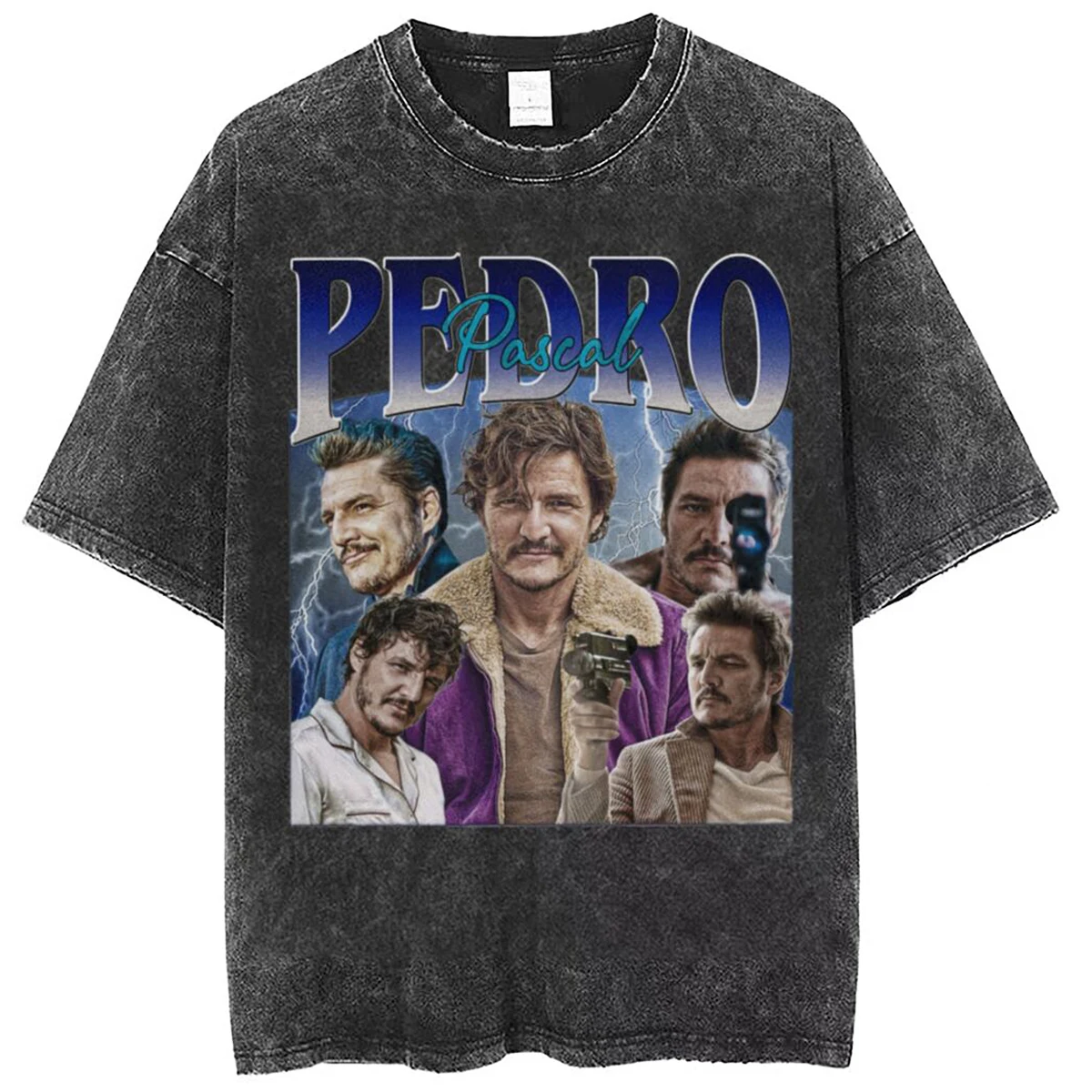 

Pedro Pascal Retro Washed tShirt Harajuku Merch Tee Shirt Short Sleeve Round Neck T-Shirt Pure Cotton