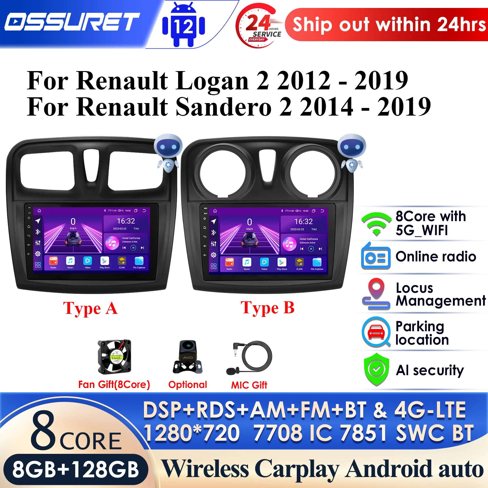 

11.5inch DSP Android 13 Car Radio Multimedia Player for Renault Logan 2 2012-2019 Sandero 2 2Din GPS Carplay 4G Stereo Head Unit