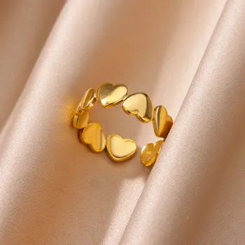 Gold Heart Open Ring for Women Stainless Steel Wedding Party Jewelry Gift BFF