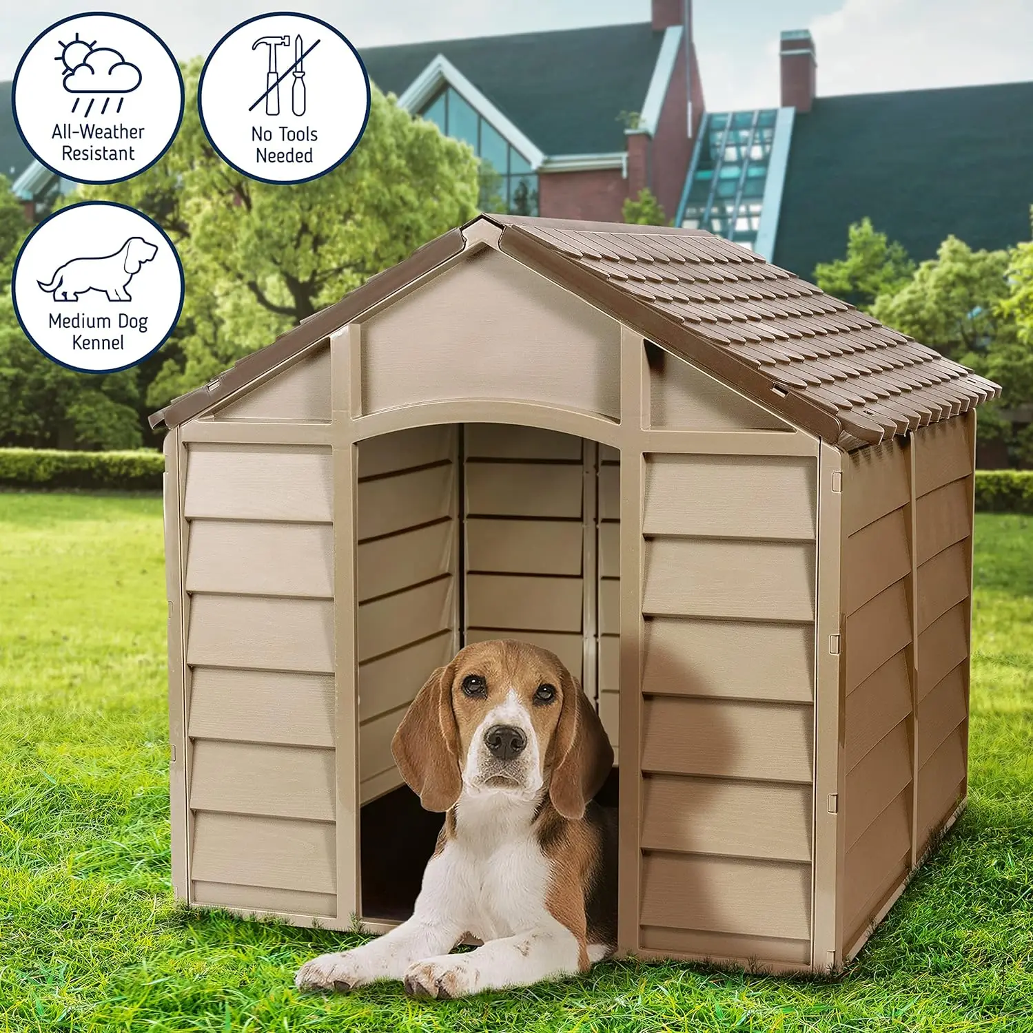 

Small Dog Kennel: 1 Outdoor Plastic Pet House, Weather & Water Resistant, Easy to Assemble, 27.9 x 27.9 x 26.8 Inches