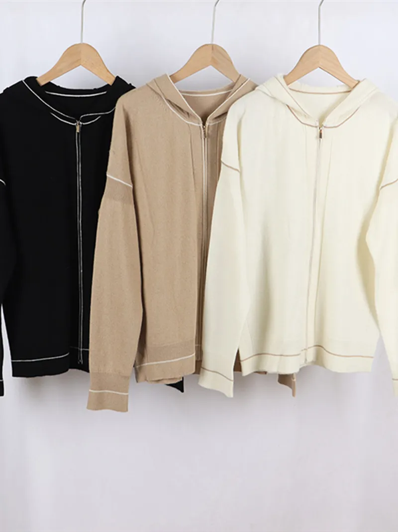 

Women Hooded Sweater Zipper Contrast Trim Ladies Long Sleeve Slim Knit Cardigan 2023 Early Spring Female Casual All-Match Tops