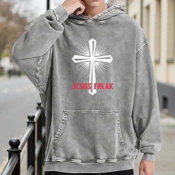 Jesus Freak Men's Vintage Washed Graphic Hoodie, Retro Distressed Pullover, Streetwear Casual Sweatshirt 1