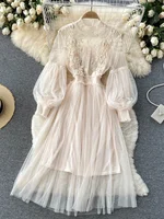 Ladies Dress Three-dimensional Flower Hook Mesh Temperament Stand Collar Lantern Sleeve High Waist Slim Female Dresses - Image 3