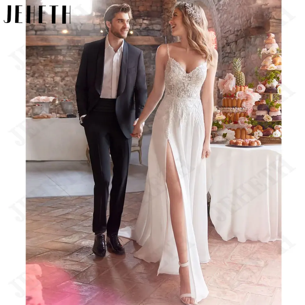 

JEHETH Spaghetti Straps V-Neck Chiffon Bride Dresses Sleeveless Backless Wedding Gown Side Split A-Line Lace vestidos de fiesta