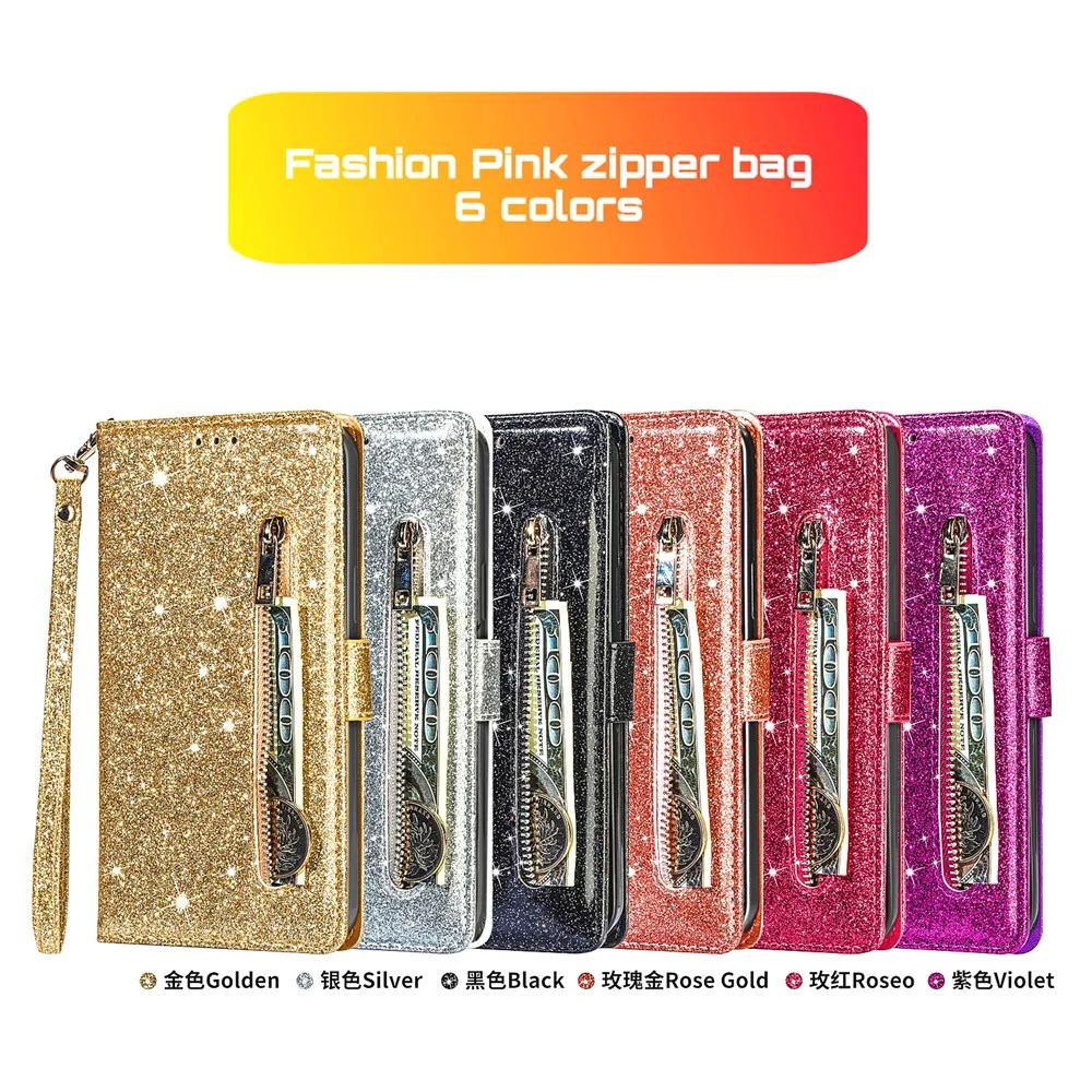 Zipper Flip Wallet Glitter Leather Bling Stand Phone Cover