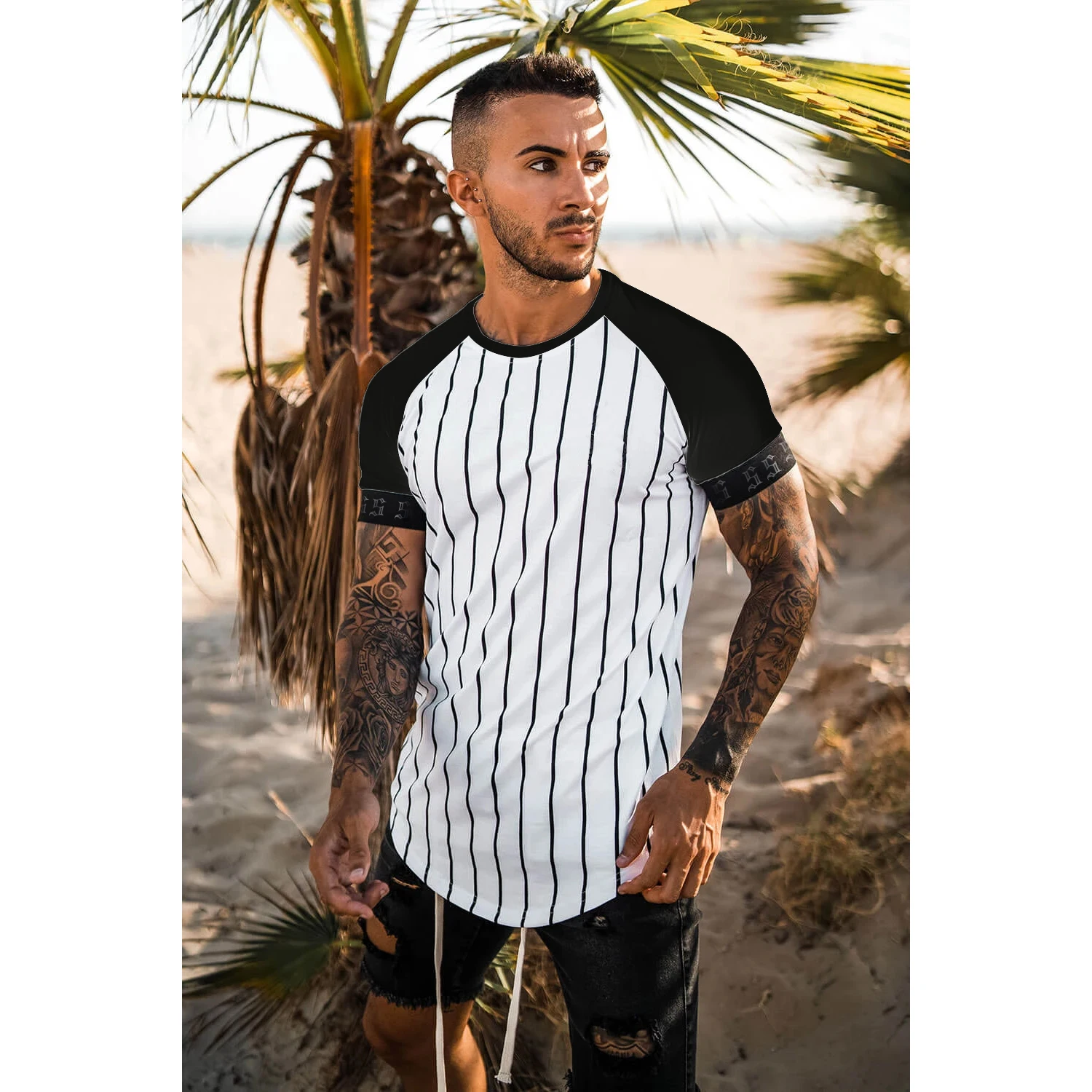 

Fashion men's T-shirt, casual stripe, hip-hop, short sleeve, street element printing, wholesale, new brand, 2022