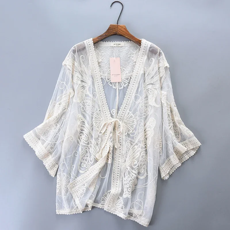 Summer Mori Girl Sweet Fairy Lace Embroidery Shirt Cardigan Women Beach Sun-Protect Holiday Beach Clothing Female Tops Blusa