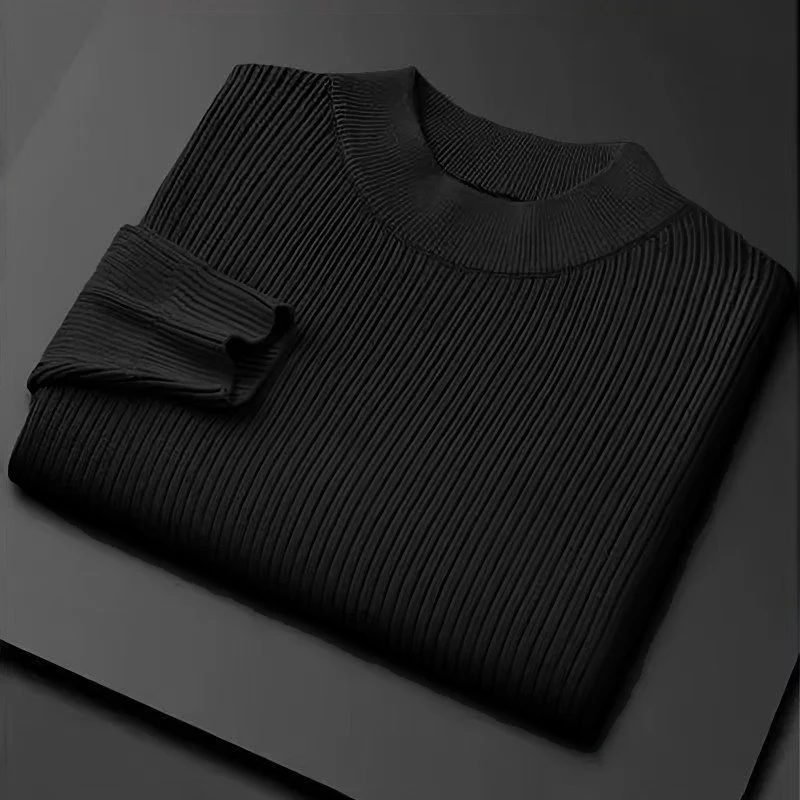 Autumn Men's Mock Neck Knitted Sweaters Long Sleeve Woolen Pullover Sweater Winter Outdoor Warm Stripes Thick Heavyweight Top