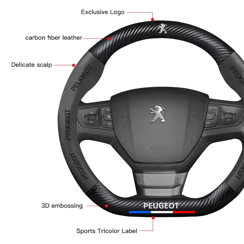 38cm Car Carbon Fiber Steering Wheel Cover For Peugeot 206 2008 3008 208 308 307 508 Car Interior Non-slip Steering Wheel Cover