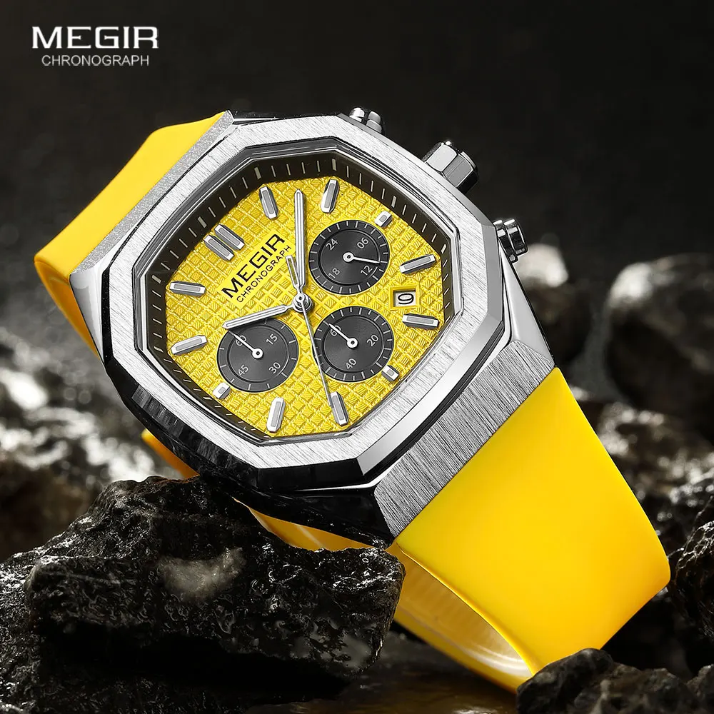MEGIR Yellow Sport Watch Men Military Sport Chronograph Quartz Wristwatch with Date Octagon Dial Luminous Hands Silicone Strap