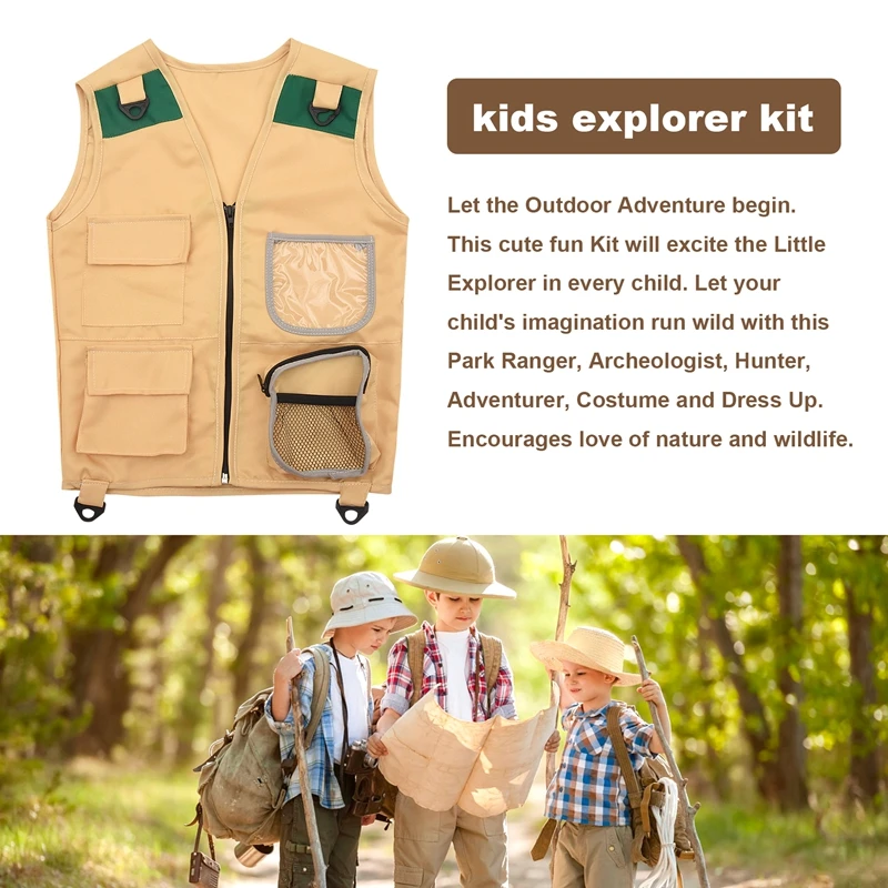 ABUM-Outdoor Adventure Kit,Young Kid's Khaki Cargo Vest And Hat Comfortable And Durable Explorer Costume Role Play Toy