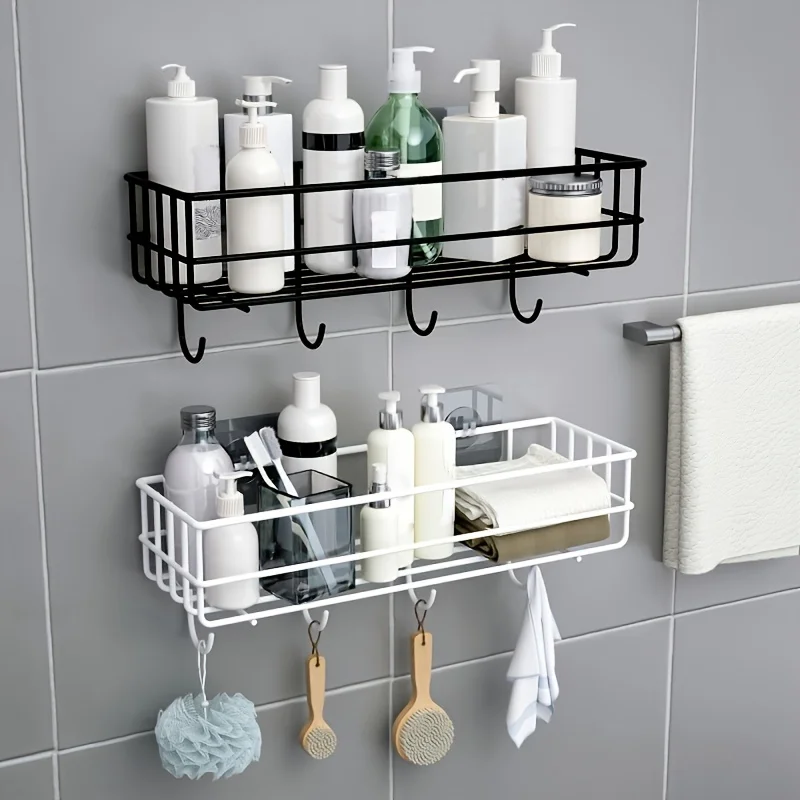 Storage Rack Hooks Kitchen Bathroom Bedroom Office Wrought Iron Bathroom Shelf Punch Free Hanging Shelf 1pc