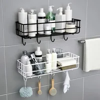 1pc Storage Rack With Hooks For Kitchen Bathroom Bedroom Office, Wrought Iron Bathroom Shelf, Punch Free Hanging Shelf 1