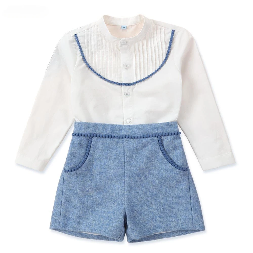 

2023 Elegant Baby Boys Birthday Clothes Set Children British Style White Blouse + Blue Pants Infants Top and Bottom Kids Outfit