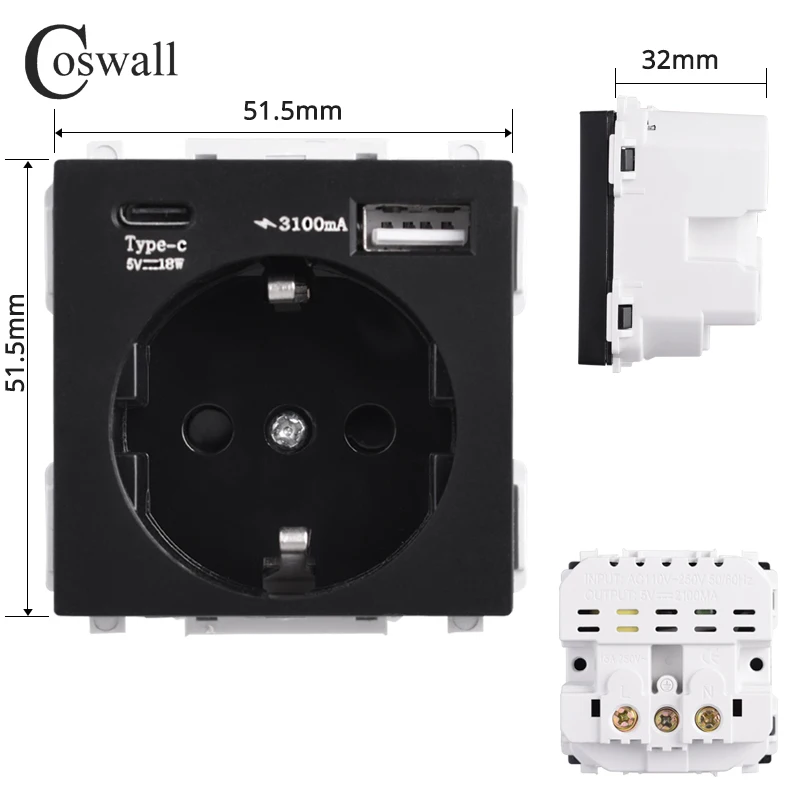 COSWALL 16A EU nástrčkový modul s PD 18W type-c & QC 3.0 type-a dvojí USB postit se nabíječka použít pro C1/E20/L1/X2/S08 řada zeď formulovat