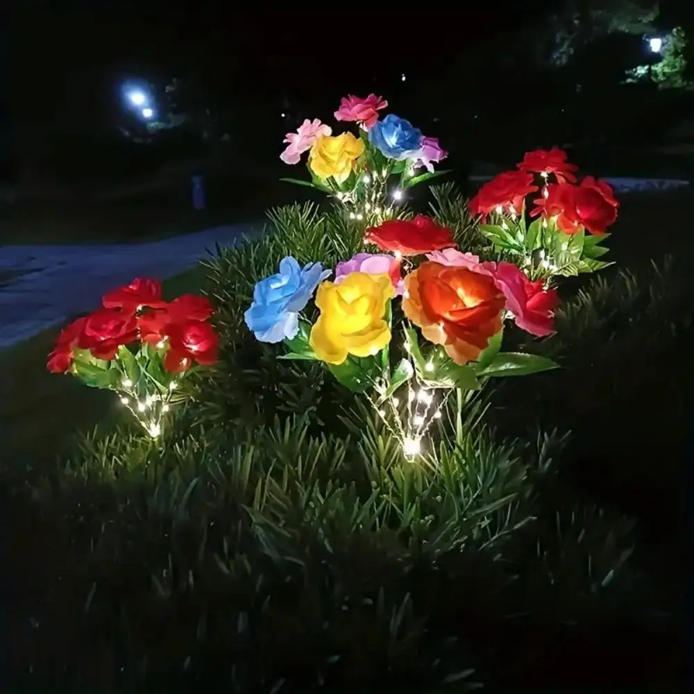 솔라 로즈 시뮬레이션 정원 조명, LED 그라운드 삽입 분위기 장식 조명, 통로 파티오 가드용, 7 헤드 컬러, 1 번들 