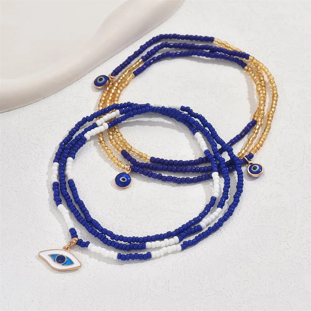 Double Layer Blue Beads Cute Eye Pendant Anklets For Women Gold Color Foot Chain Ankle Bracelet Beach Jewelry Summer Accessories