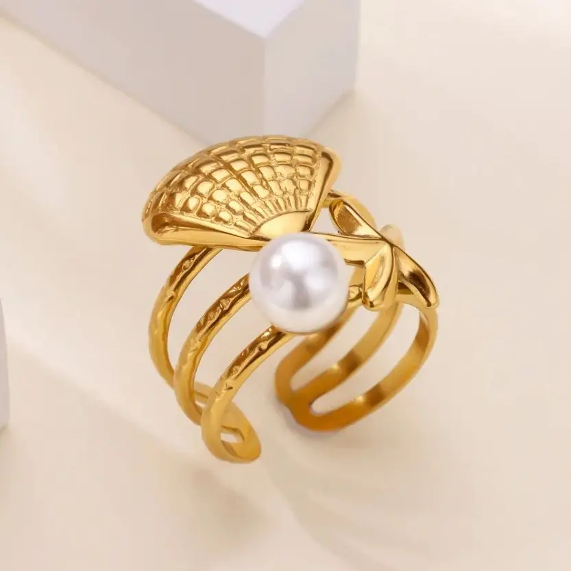 Starfish Shell Pearl Rings For Women Gold Color Stainless Steel Adjustable Ring
