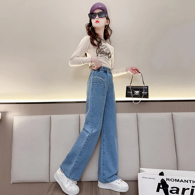 

Teen Girls Jeans 2023 New Casual Fashion Loose High Quality Kids Leg Wide Pants School Children Trousers for 5-16 Years