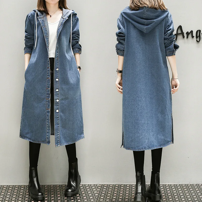 

APIPEE XL-5XL Plus Big Size Denim Coat Women Spring Autumn Winter Feminina Fashion New Thin Loose Long Jean Trench Female