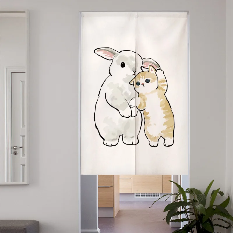 Cartoon Door Curtain with Rods Noren Cute Funny Cat Drapes Living Room Bedroom Doorway Kitchen Entrance Hanging Half-Curtains 3