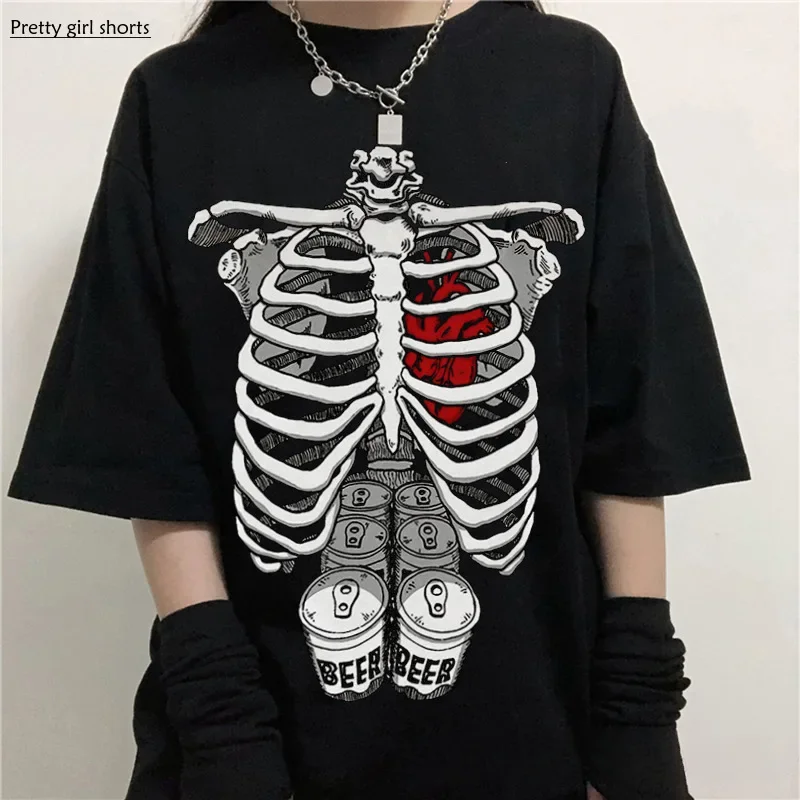 

2024 New Same Men and Women Skeleton Day Comic Print Loose Men's and Women's T-shirt Short Sleeve Youthful Woman Clothes