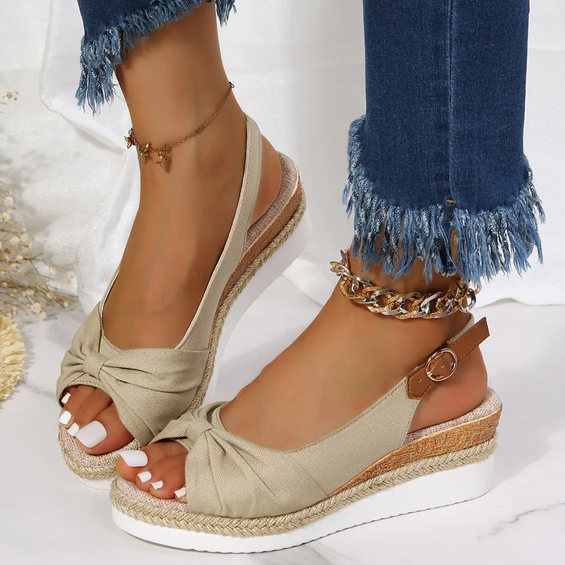 Women's Peep Toe Wedges Sandals Summer Non-slip Platform Gladiator Shoes Woman Flock Bowtie Sandalias De Mujer Plus Size 42