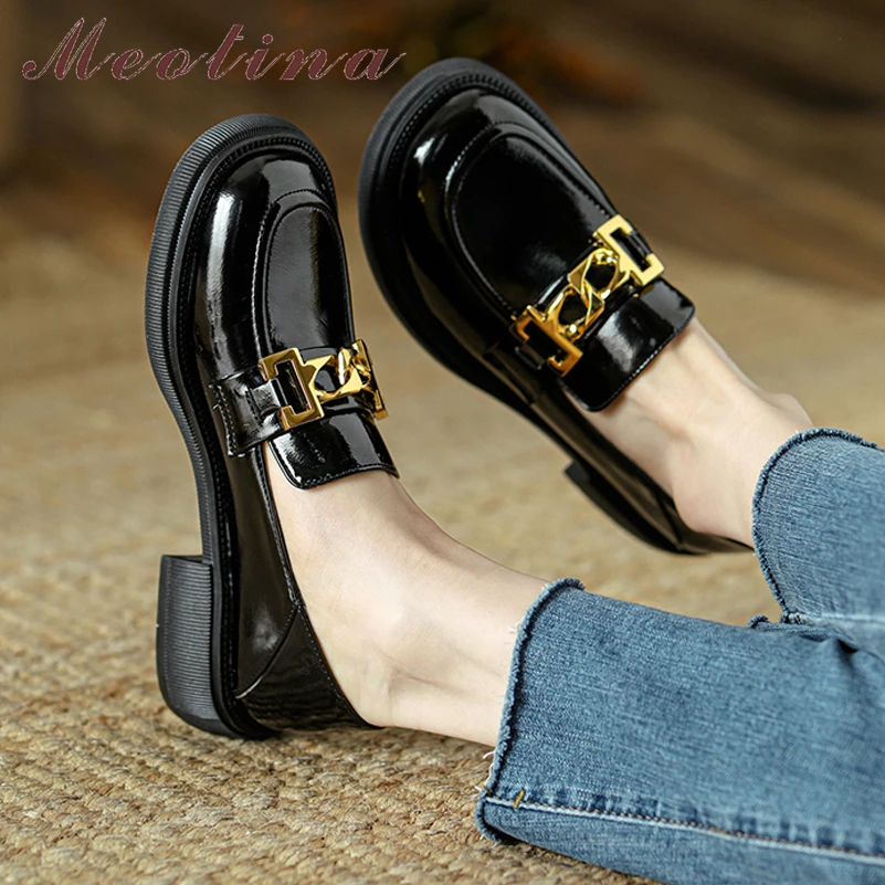 

Meotina Women Patent Leather Loafers Round Toe Flat Metal Decoration Ladies Fashion Casual Shoes Spring Autumn Black Beige 43