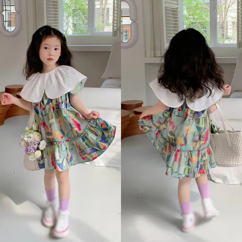 Kinder Mädchen koreanischen Stil Sommerkleid süße Ölgemälde Graffiti Druck modische süße Prinzessin Party kleid
